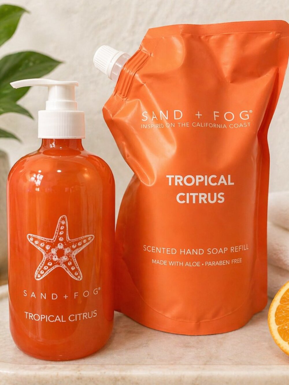 Sand + Fog Tropical Citrus Hand Soap Glass Bottle + Refill Set New